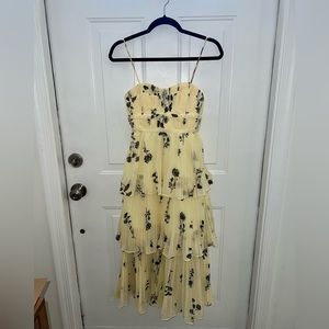 Yellow Floral Silhouette Chiffon Tiered Midi Dress